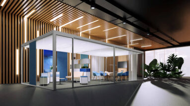 Großer alleinstehender Besprechungsraum mit Glaswänden. Der Raum ist zweigeteilt mit unterschiedlich vielen Sitzmöglichkeiten.