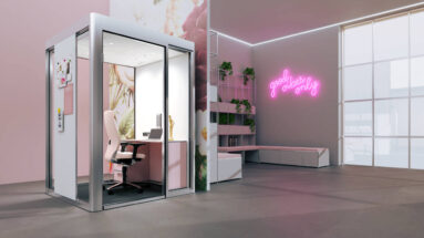 Besprechungsbox für einen Arbeitsplatz. Glaswände, Schreibtischstuhl, Schreibtisch, helles Material. Der Raum zeigt noch eine Sitzecke mit Regal und Pflanzen.